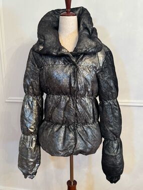 Thomas Wylde Metallic Lambskin Leather Puffer Jacket Skull Lining Funnel Neck XS